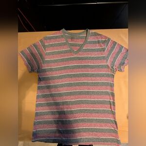 Men's Striped V-Neck T-Shirt- Gray and Red